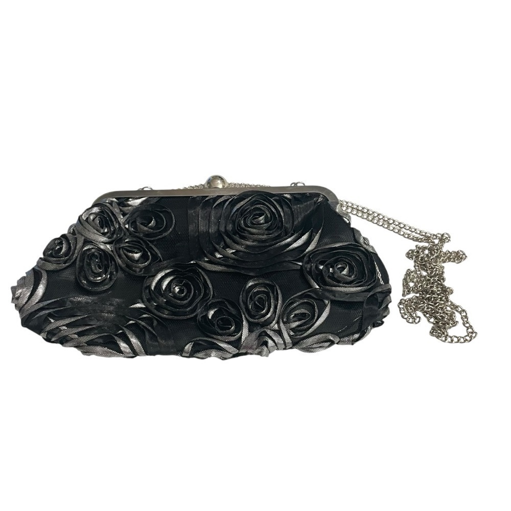 ICING Black Rose Floral Evening Bag Silver chain, Rhinestone Purse Clutch - Picture 5 of 12
